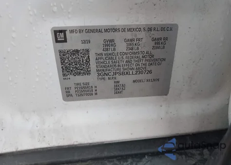 2020 Chevrolet Trax Awd Lt из США, поврежденный, VIN 3GNCJPSBXLL230726